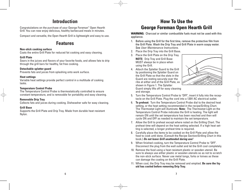 How to use the george foreman open hearth grill, Introduction, Features | George Foreman GR72 User Manual | Page 6 / 10
