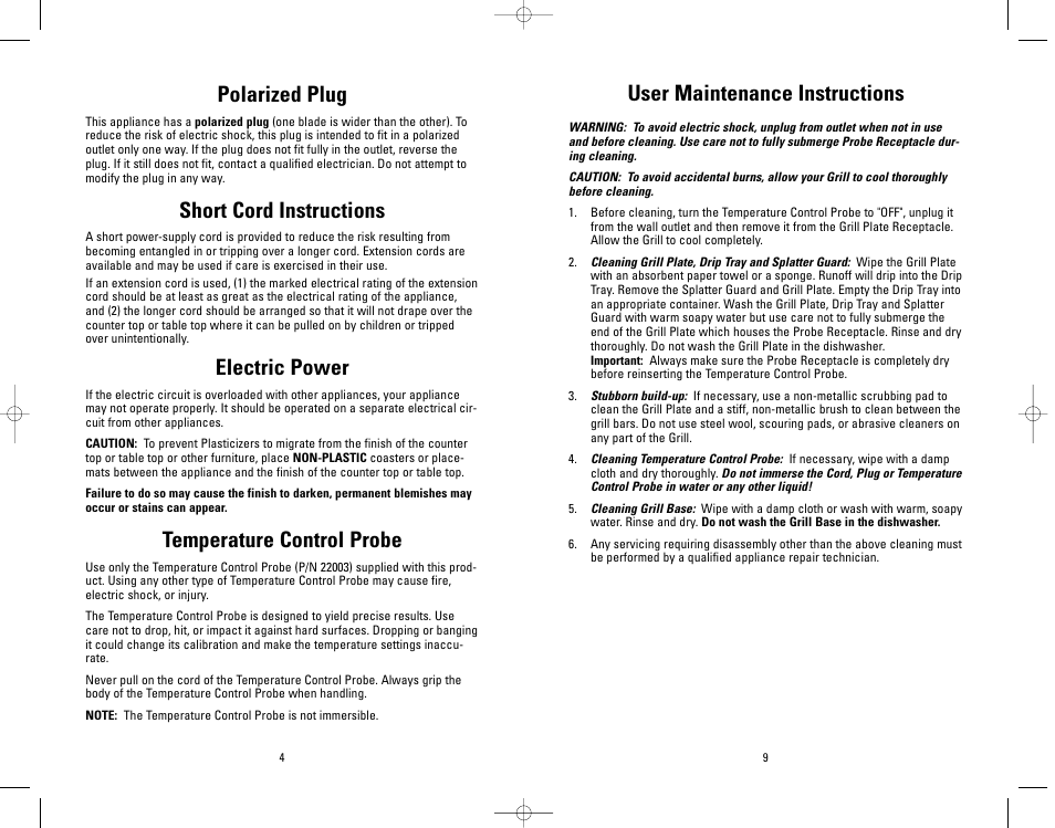 User maintenance instructions, Polarized plug, Short cord instructions | Electric power, Temperature control probe | George Foreman GR72 User Manual | Page 9 / 10