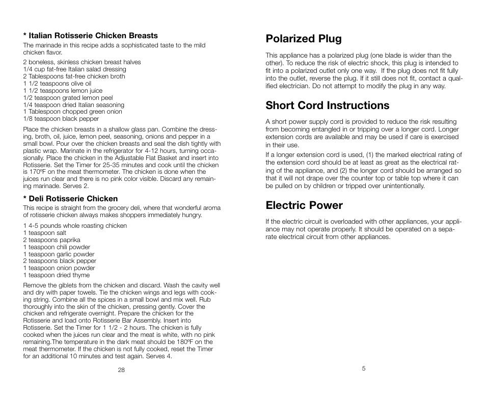 Polarized plug, Short cord instructions, Electric power | George Foreman GR59A User Manual | Page 5 / 32