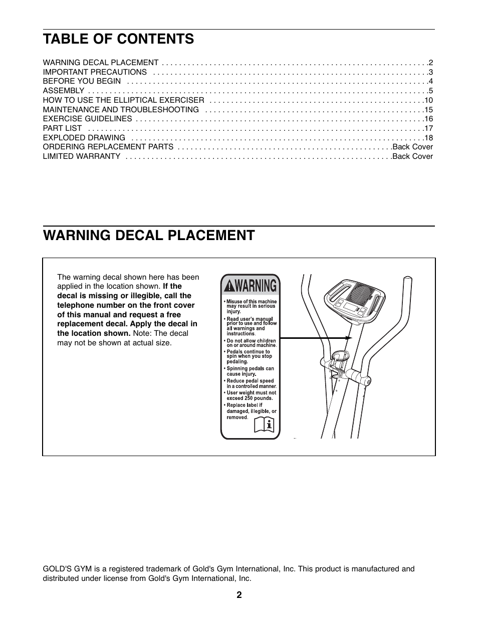 Gold's Gym GGEL62707.1 User Manual | Page 2 / 20
