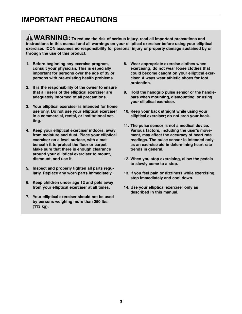 Warning, Important precautions | Gold's Gym GGEL62707.1 User Manual | Page 3 / 20