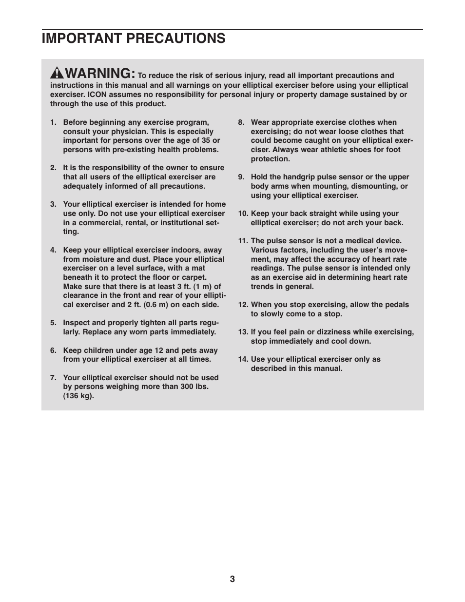 Warning, Important precautions | Gold's Gym GGEL68108.0 User Manual | Page 3 / 28