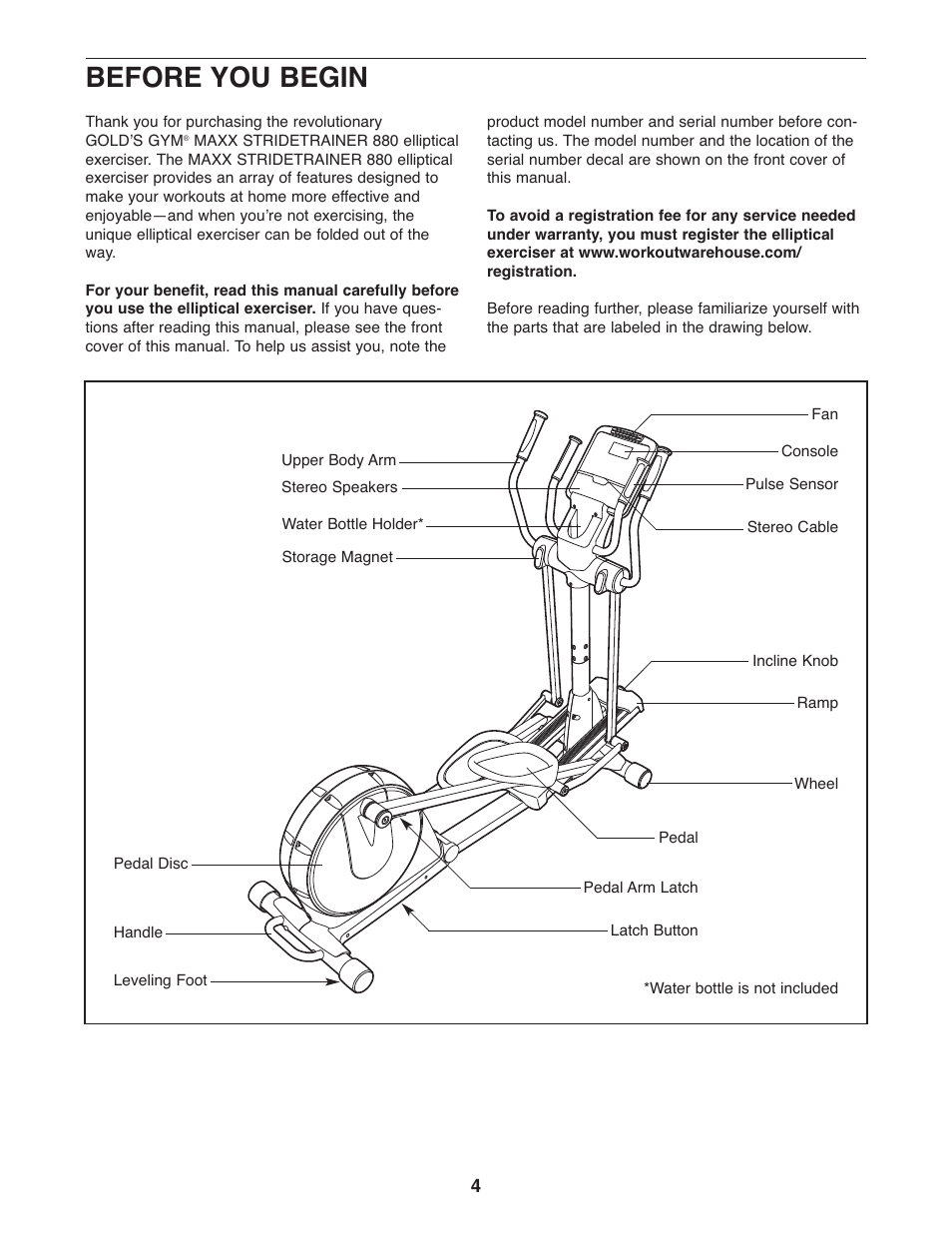 Before you begin | Gold's Gym GGEL68108.0 User Manual | Page 4 / 28
