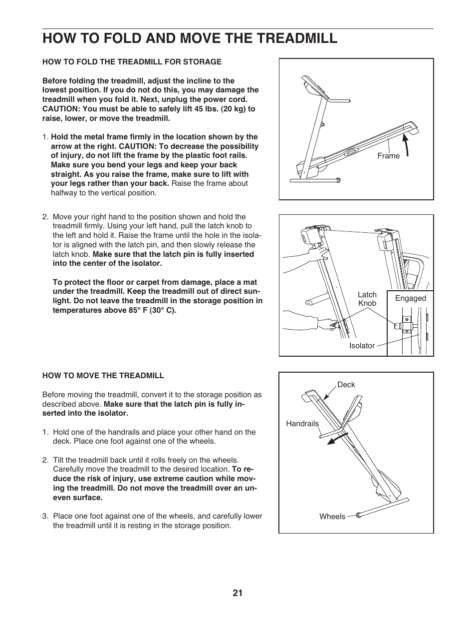 How to fold and move the treadmill | Gold's Gym 550 User Manual | Page 21 / 32