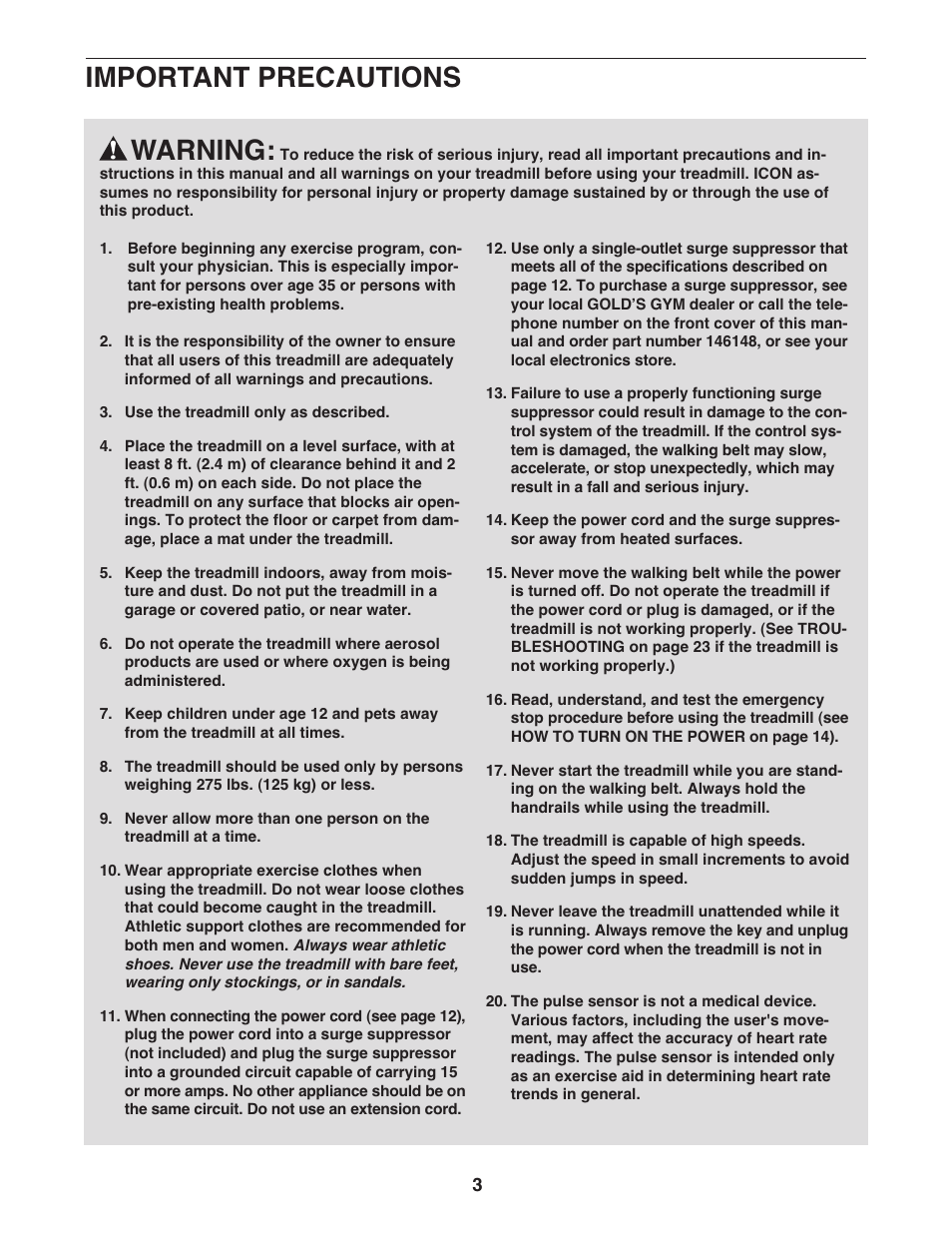 Important precautions warning | Gold's Gym 550 User Manual | Page 3 / 32