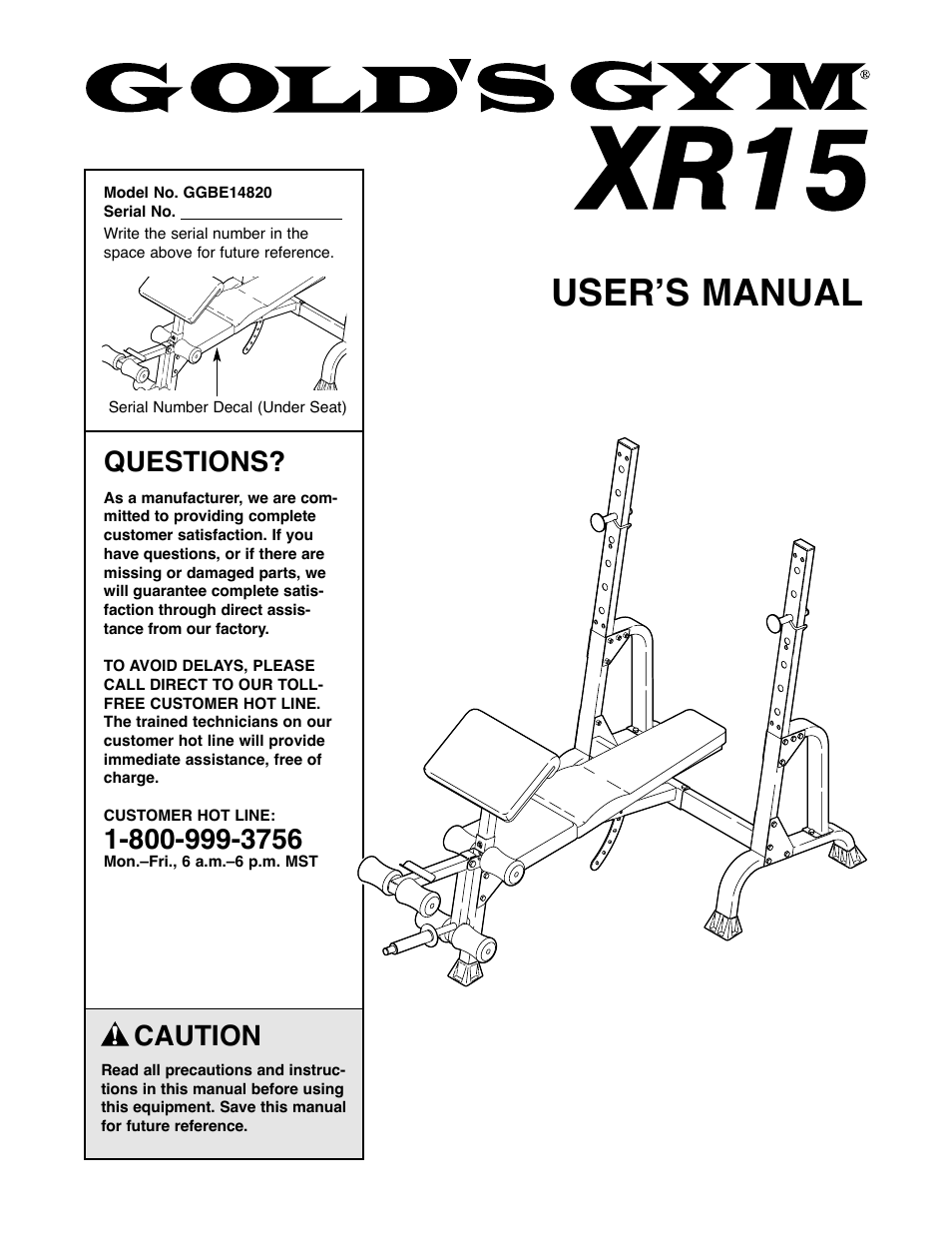 Gold's Gym XR15 GGBE14820 User Manual | 15 pages