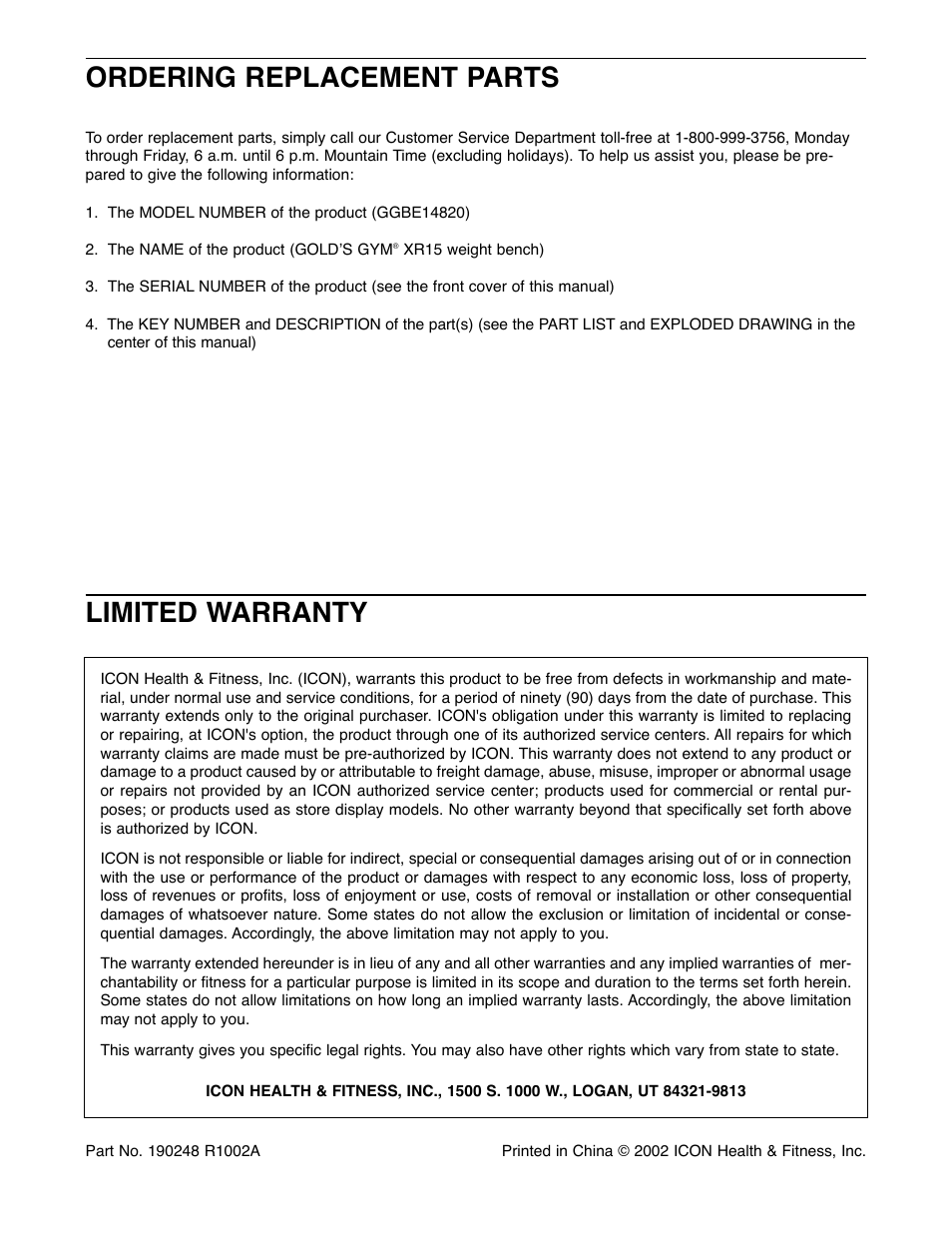 Limited warranty, Ordering replacement parts | Gold's Gym XR15 GGBE14820 User Manual | Page 12 / 15