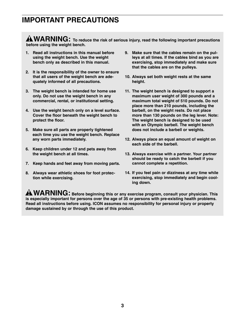 Warning, Important precautions | Gold's Gym XR15 GGBE14820 User Manual | Page 3 / 15