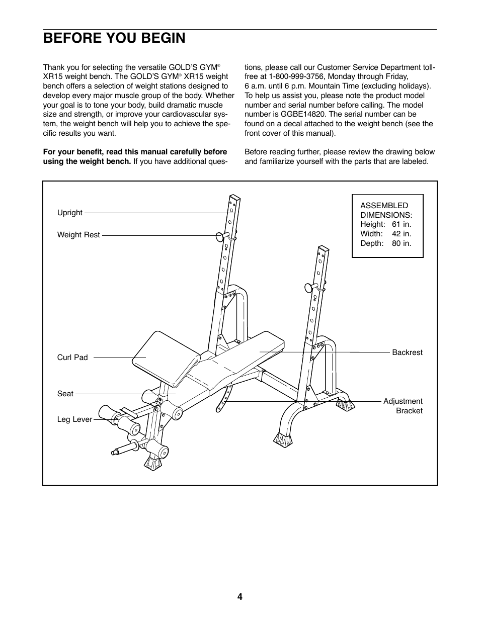 Before you begin | Gold's Gym XR15 GGBE14820 User Manual | Page 4 / 15