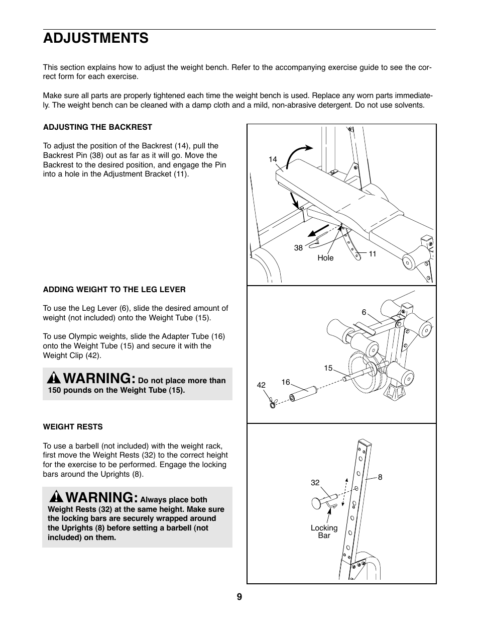 Adjustments warning, Warning | Gold's Gym XR15 GGBE14820 User Manual | Page 9 / 15