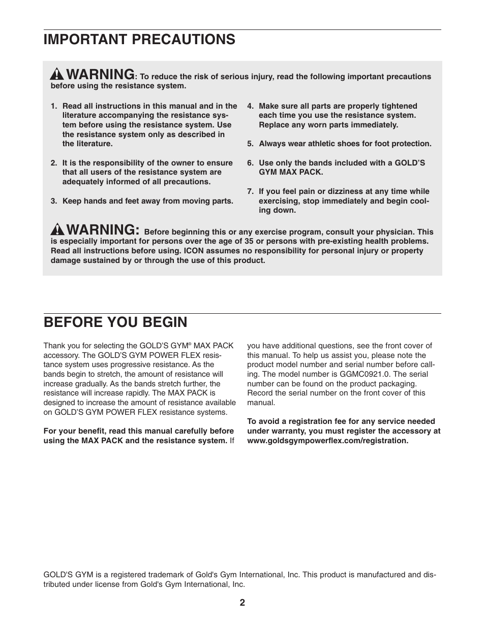 Warning, Important precautions, Before you begin | Gold's Gym GGMC0921.0 User Manual | Page 2 / 4