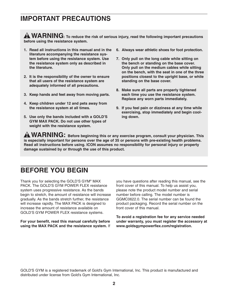 Warning, Important precautions, Before you begin | Gold's Gym GGMC0622.0 User Manual | Page 2 / 4