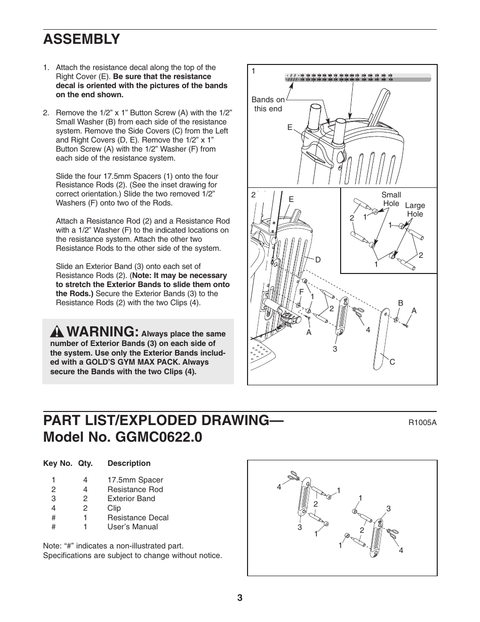 Part list/exploded drawing, Assembly, Warning | Gold's Gym GGMC0622.0 User Manual | Page 3 / 4