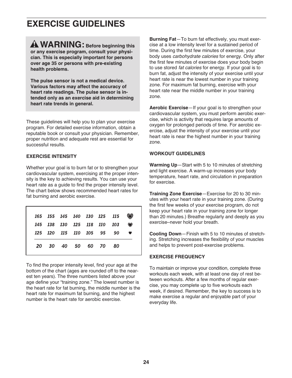 Exercise guidelines, Warning | Gold's Gym GGTL58608.0 User Manual | Page 24 / 32