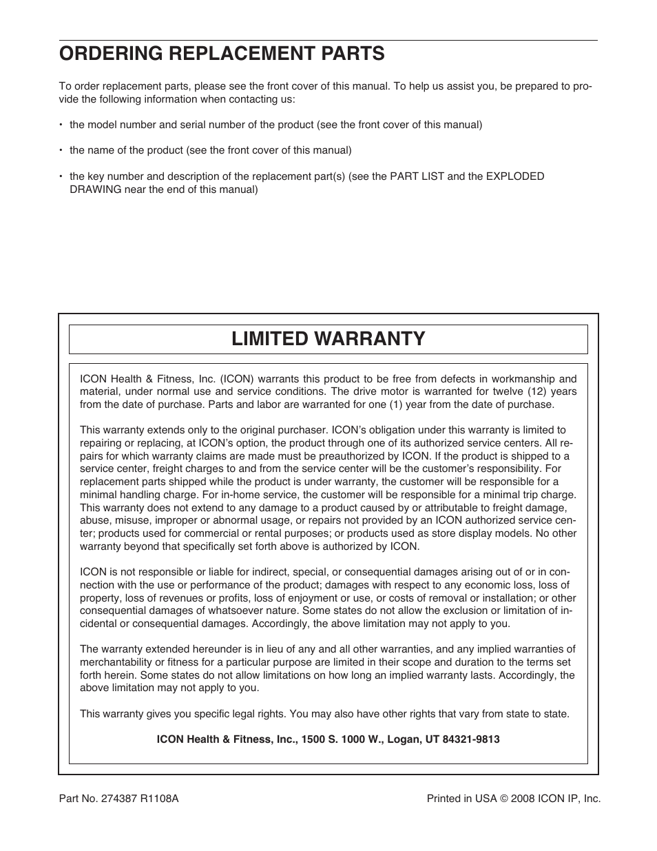 Ordering replacement parts, Limited warranty | Gold's Gym GGTL58608.0 User Manual | Page 32 / 32