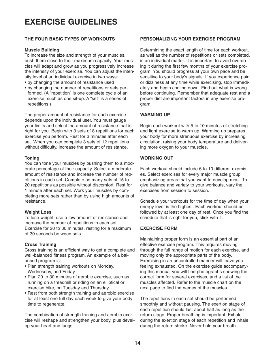 Exercise guidelines | Gold's Gym GGBE1774.0 User Manual | Page 14 / 20