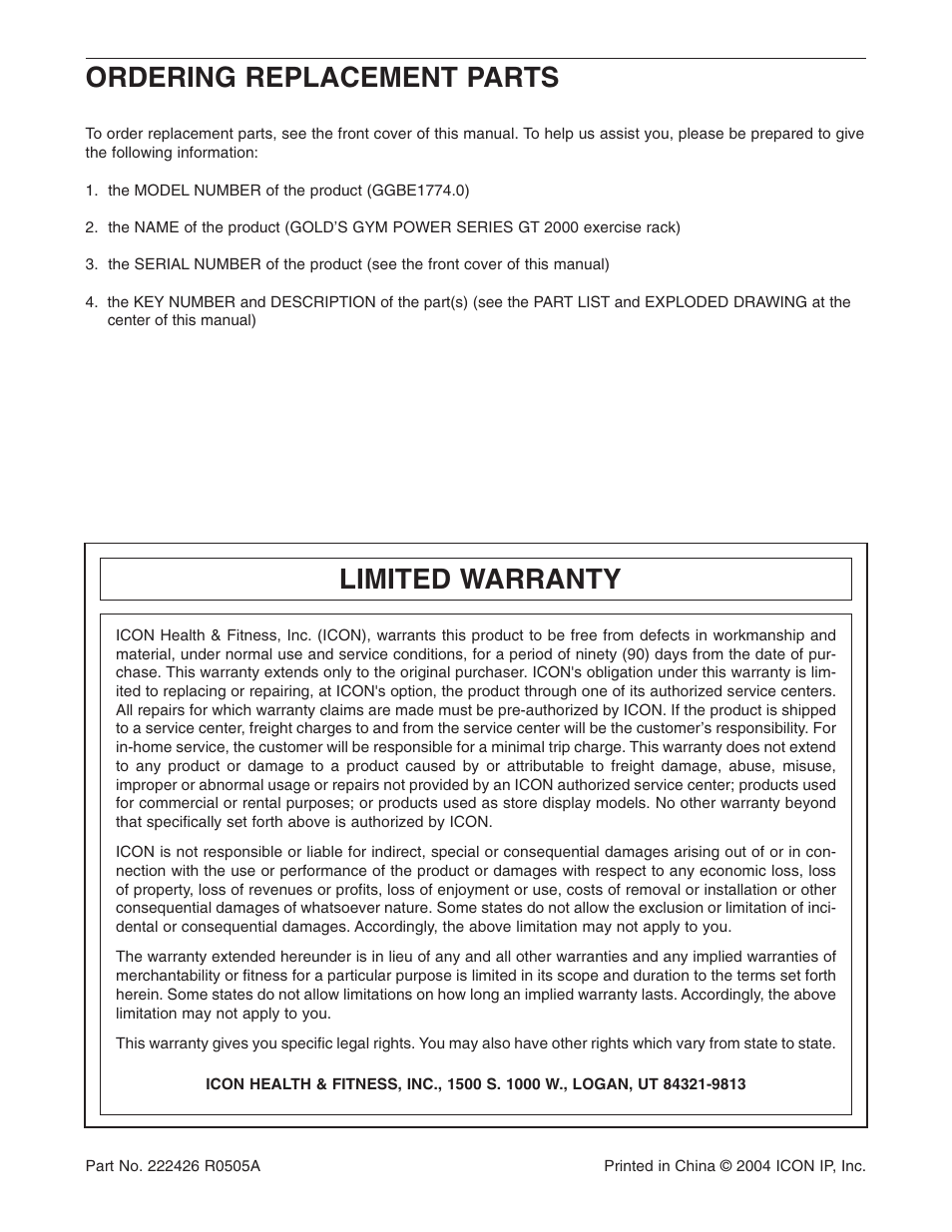 Ordering replacement parts limited warranty | Gold's Gym GGBE1774.0 User Manual | Page 20 / 20
