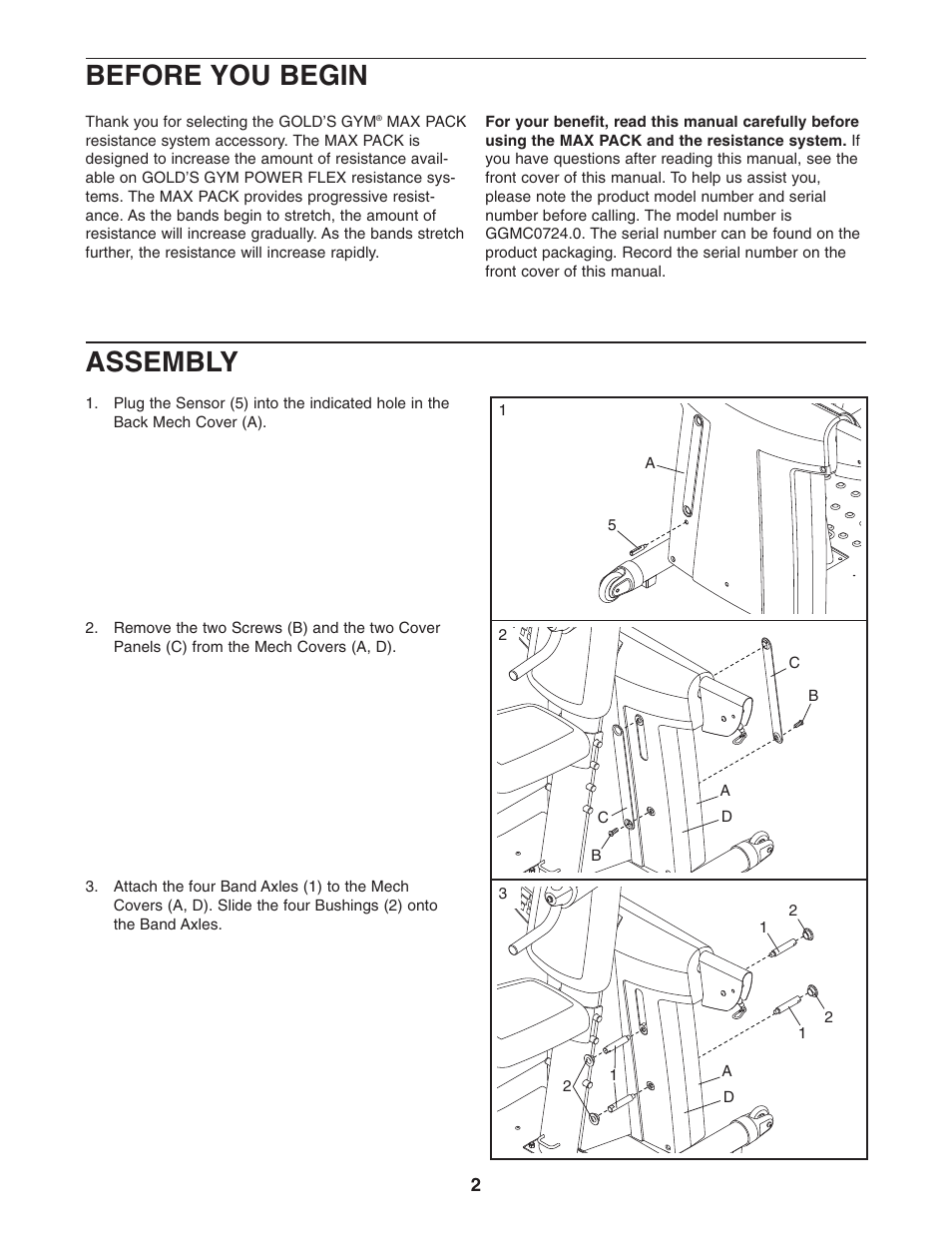 Before you begin, Assembly | Gold's Gym GGMC0724.0 User Manual | Page 2 / 4