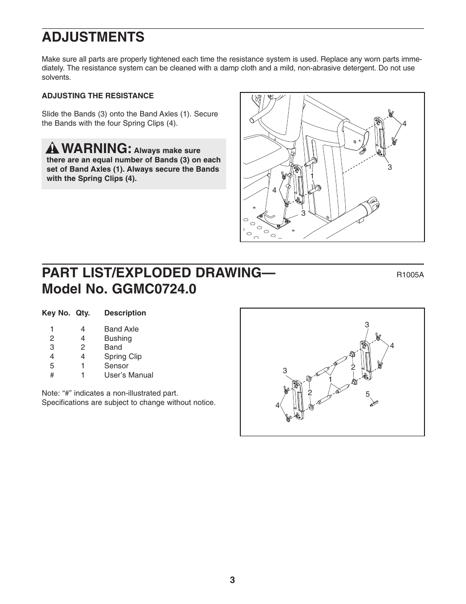 Warning, Adjustments, Part list/exploded drawing | Gold's Gym GGMC0724.0 User Manual | Page 3 / 4