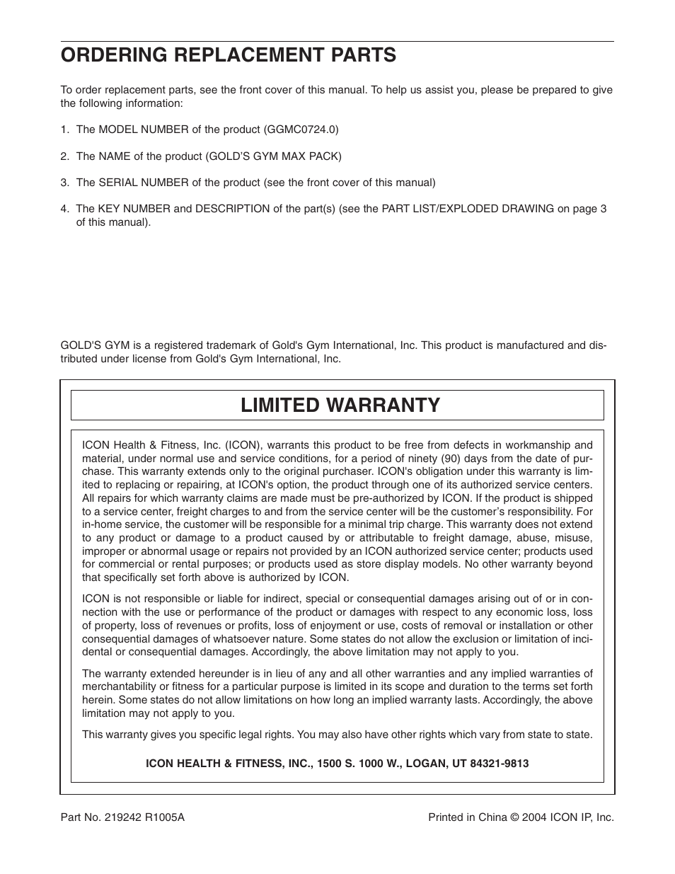 Ordering replacement parts, Limited warranty | Gold's Gym GGMC0724.0 User Manual | Page 4 / 4