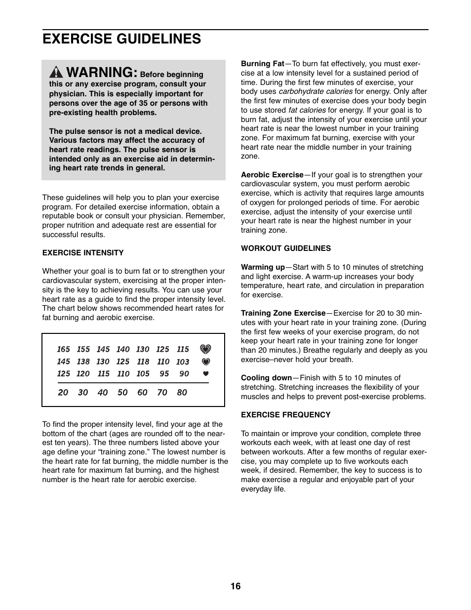 Exercise guidelines warning | Gold's Gym 300 U GGEX72208.0 User Manual | Page 16 / 20