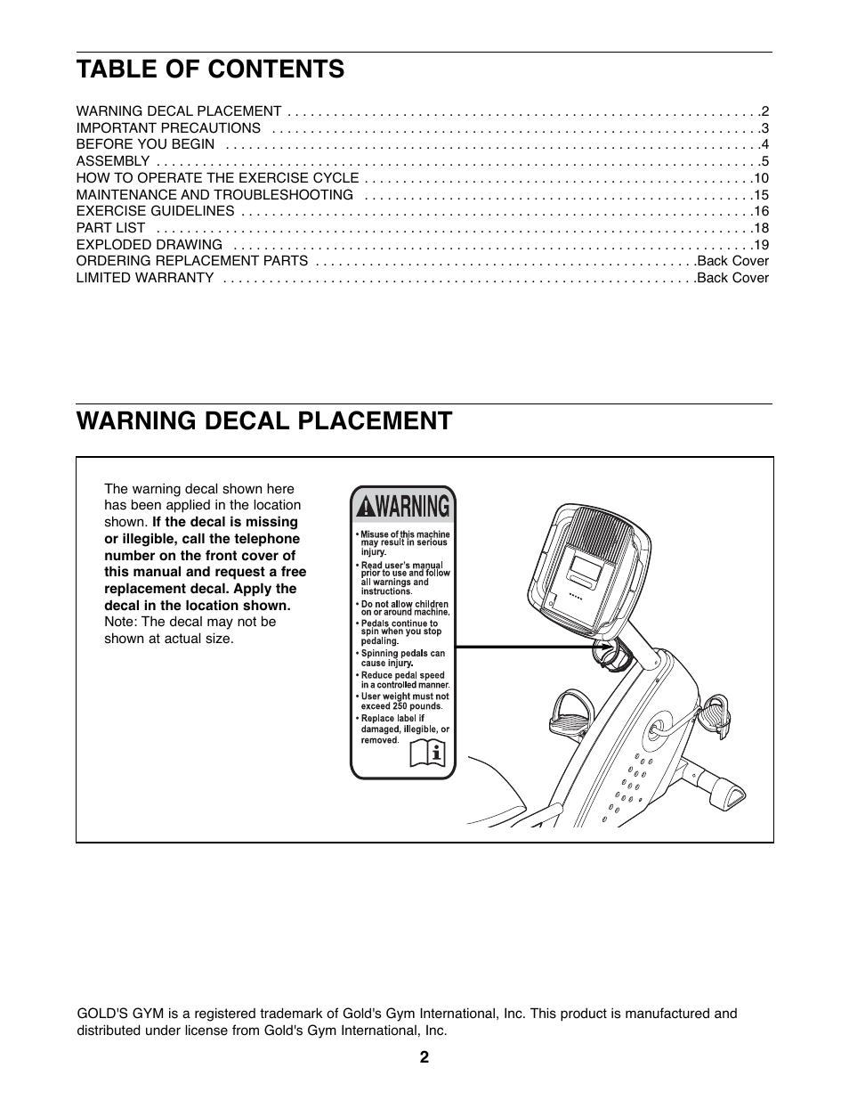 Gold's Gym 300 U GGEX72208.0 User Manual | Page 2 / 20