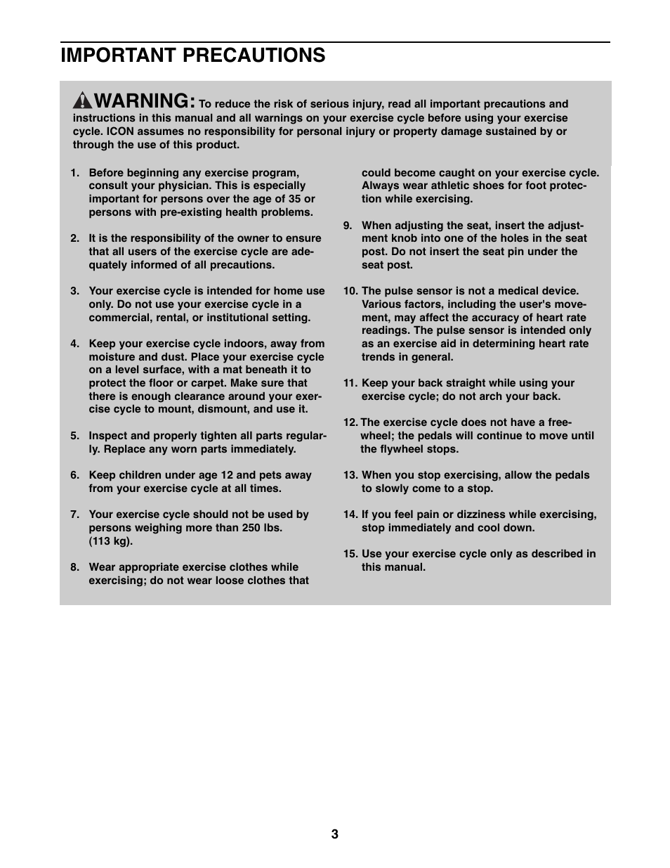 Warning, Important precautions | Gold's Gym 300 U GGEX72208.0 User Manual | Page 3 / 20