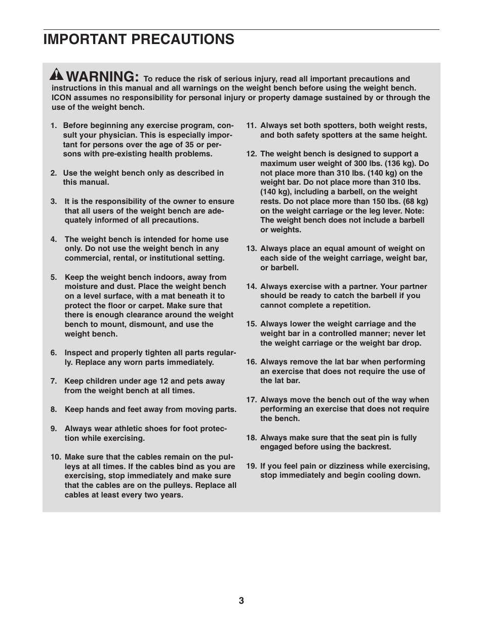 Warning, Important precautions | Gold's Gym GR 7000 GGBE6974.1 User Manual | Page 3 / 40