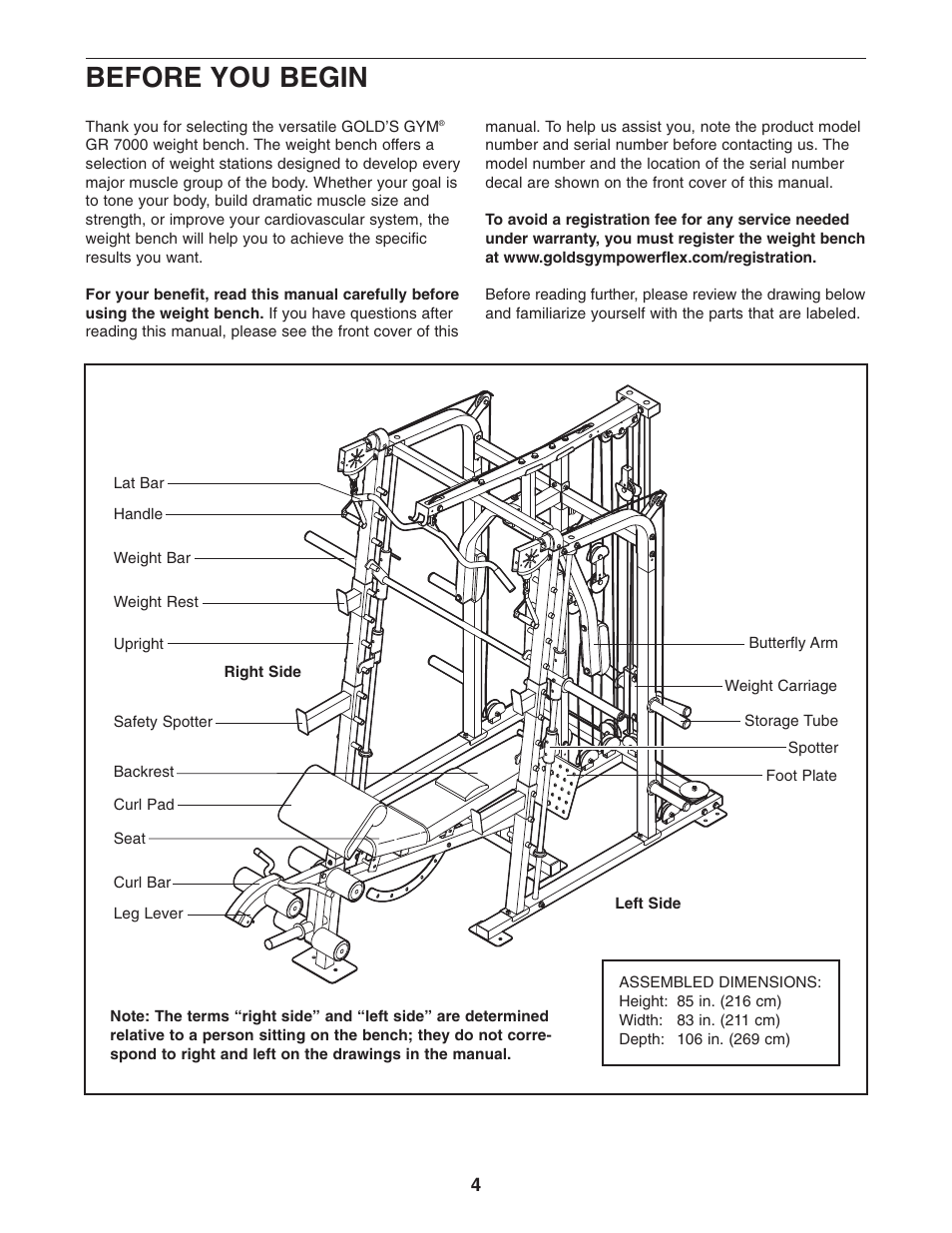 Before you begin | Gold's Gym GR 7000 GGBE6974.1 User Manual | Page 4 / 40