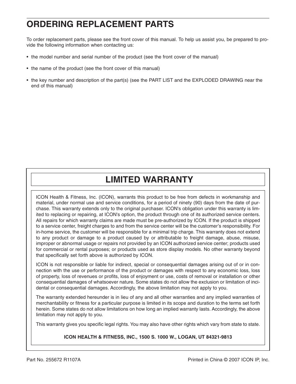 Limited warranty, Ordering replacement parts | Gold's Gym GR 7000 GGBE6974.1 User Manual | Page 40 / 40