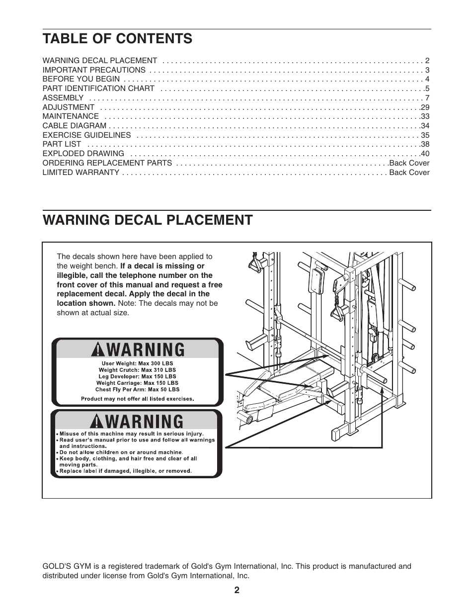 Gold's Gym GGCCBE8057.0 User Manual | Page 2 / 44