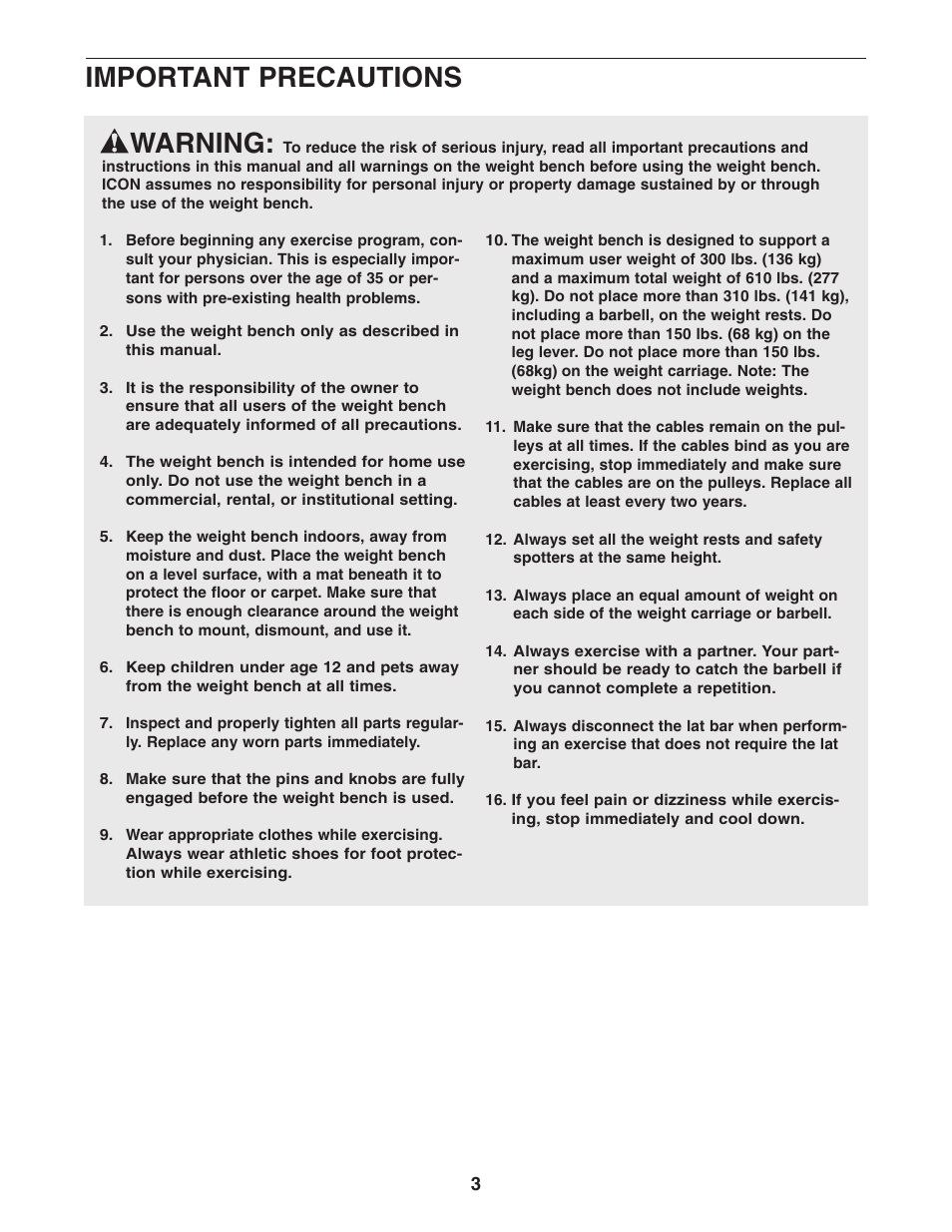 Warning, Important precautions | Gold's Gym GGCCBE8057.0 User Manual | Page 3 / 44