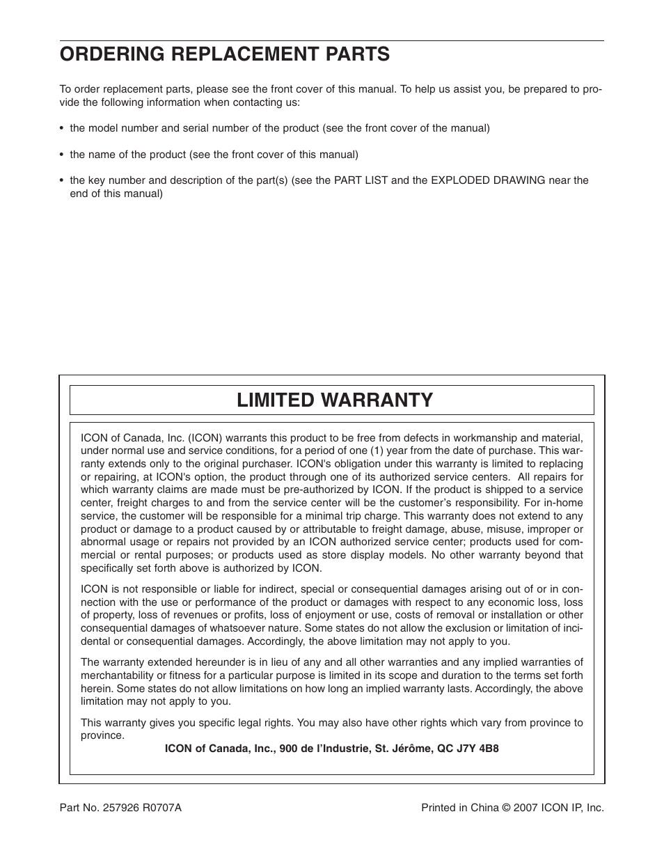 Limited warranty, Ordering replacement parts | Gold's Gym GGCCBE8057.0 User Manual | Page 44 / 44