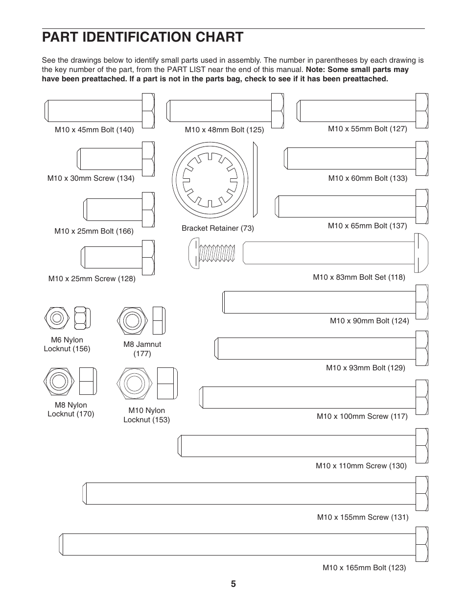 Part identification chart | Gold's Gym GGCCBE8057.0 User Manual | Page 5 / 44