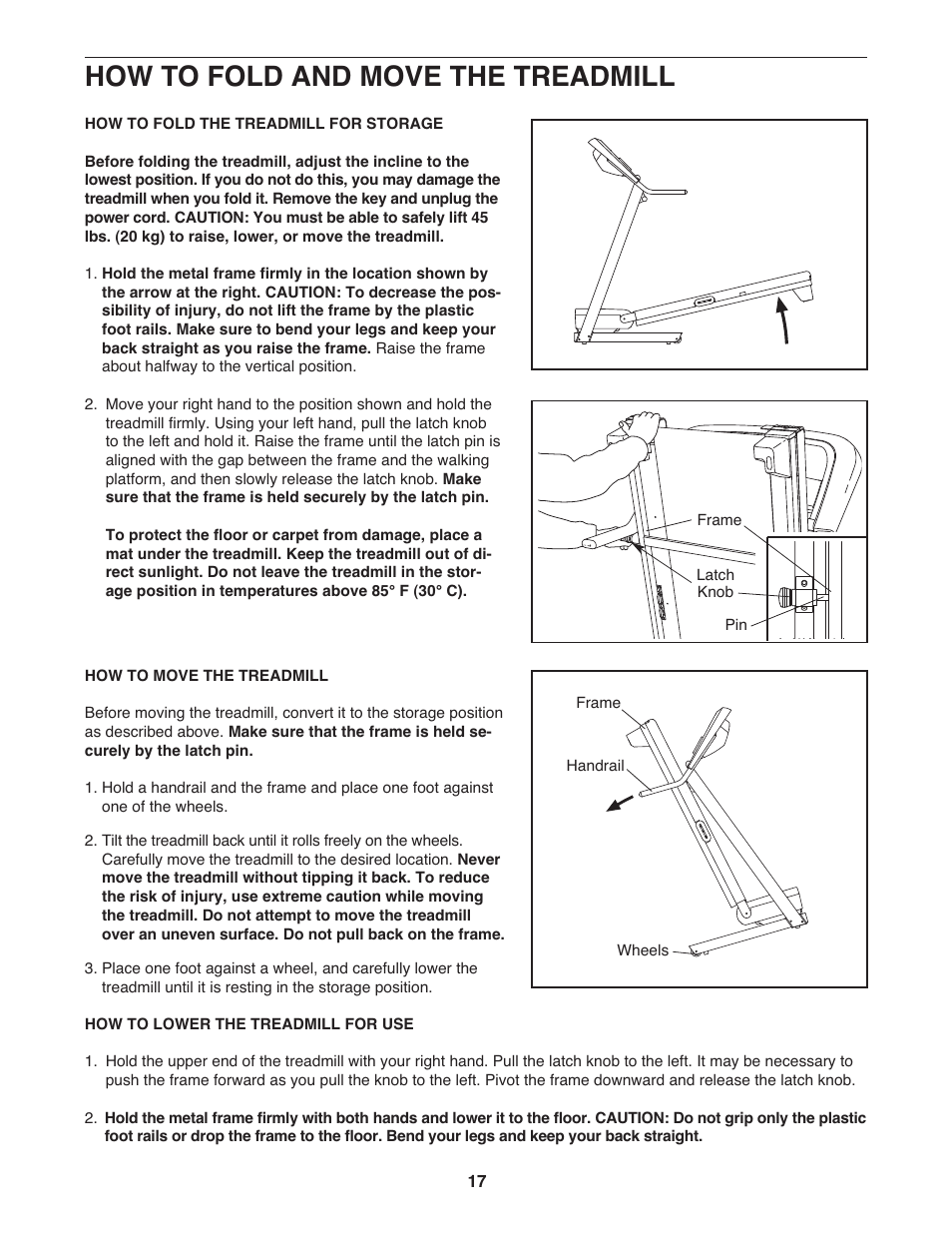 How to fold and move the treadmill | Gold's Gym GGTL03607.4 User Manual | Page 17 / 28