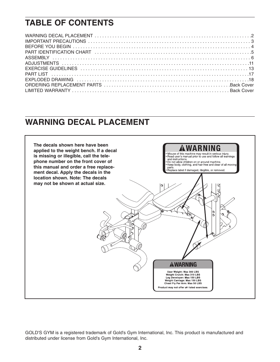 Gold's Gym GGBE1657.0 User Manual | Page 2 / 20