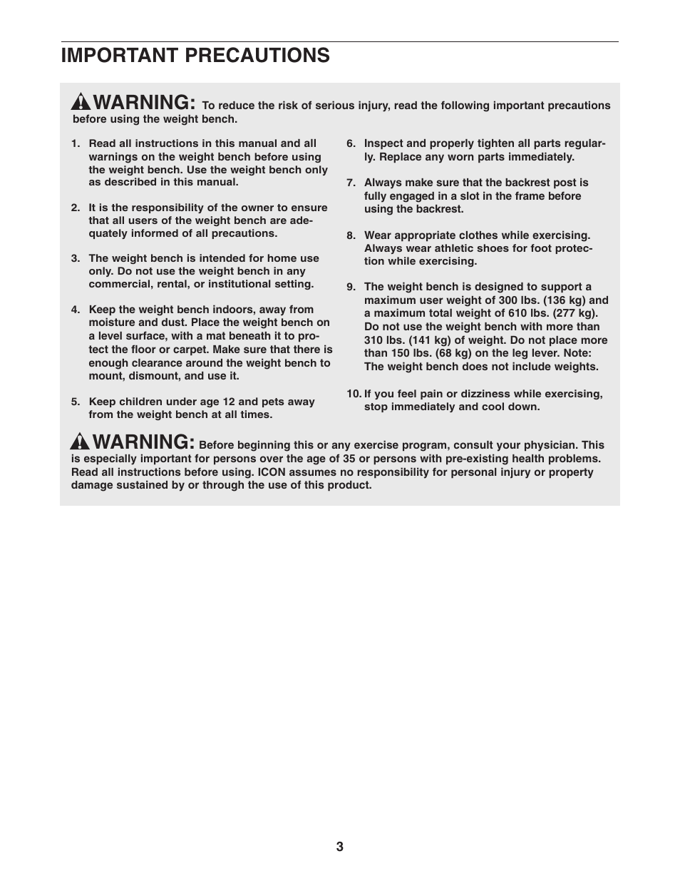 Warning, Important precautions | Gold's Gym GGBE1657.0 User Manual | Page 3 / 20