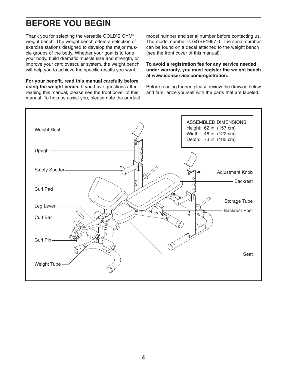 Before you begin | Gold's Gym GGBE1657.0 User Manual | Page 4 / 20