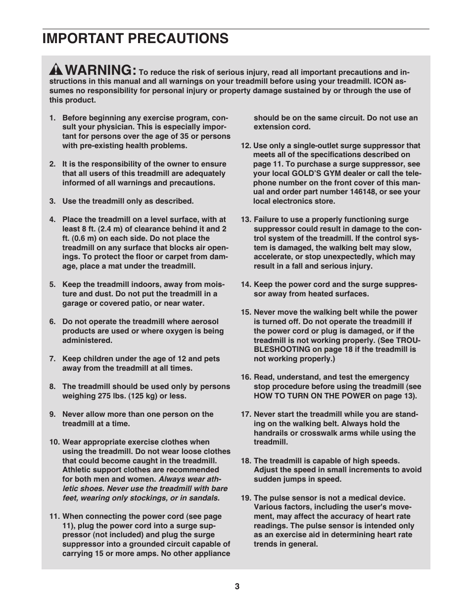 Warning, Important precautions | Gold's Gym GGTL03607.3 User Manual | Page 3 / 28