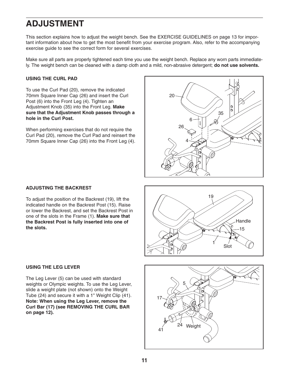 Adjustment | Gold's Gym PLATINUM GGBE1658.0 User Manual | Page 11 / 20