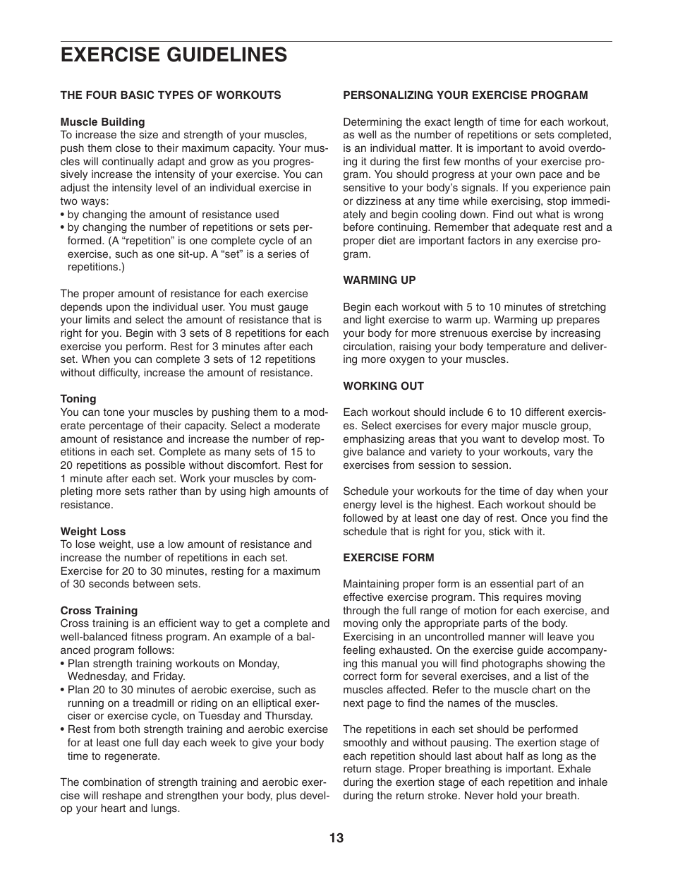 Exercise guidelines | Gold's Gym PLATINUM GGBE1658.0 User Manual | Page 13 / 20