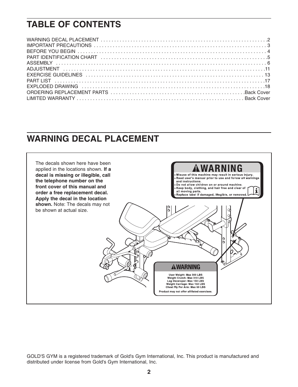 Gold's Gym PLATINUM GGBE1658.0 User Manual | Page 2 / 20