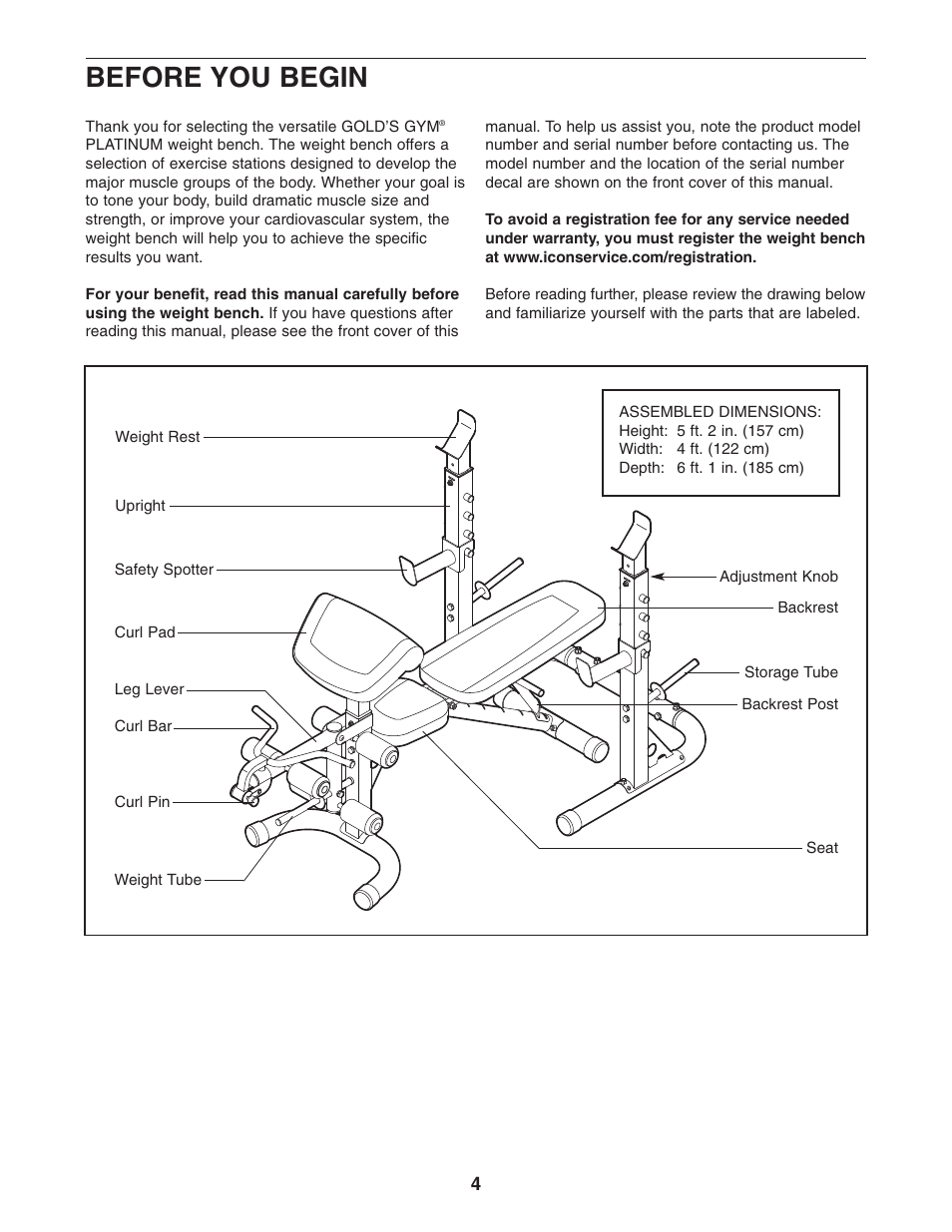 Before you begin | Gold's Gym PLATINUM GGBE1658.0 User Manual | Page 4 / 20