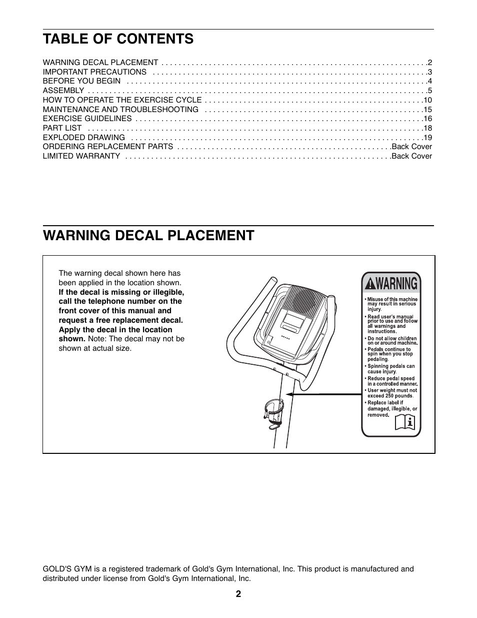 Gold's Gym GGEX61607.0 User Manual | Page 2 / 20