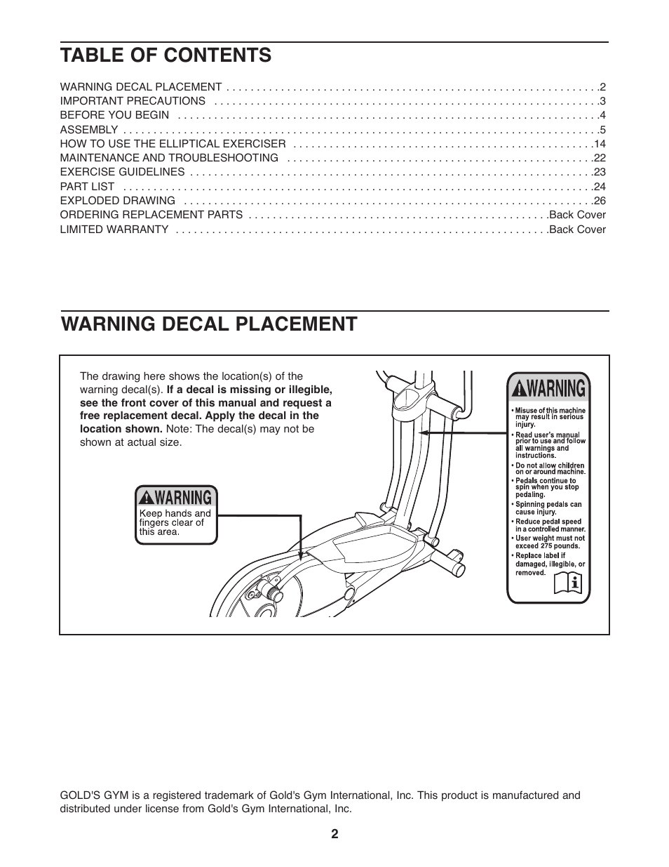 Gold's Gym GGEL66008.0 User Manual | Page 2 / 28
