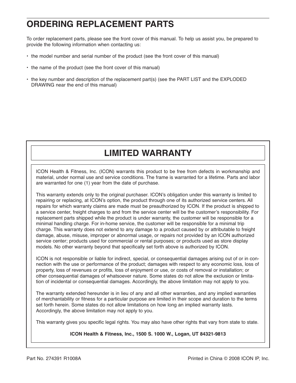 Ordering replacement parts, Limited warranty | Gold's Gym GGEL66008.0 User Manual | Page 28 / 28