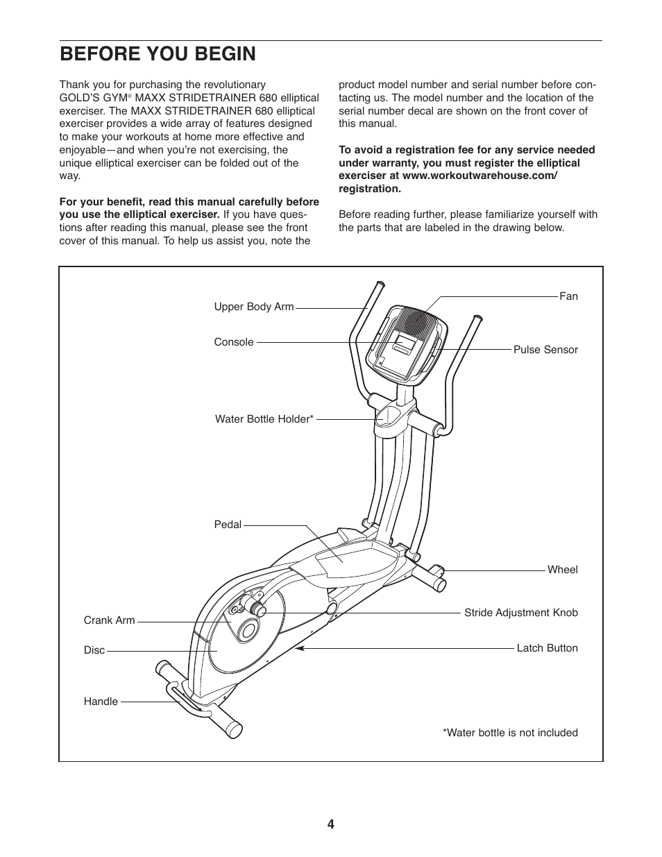 Before you begin | Gold's Gym GGEL66008.0 User Manual | Page 4 / 28
