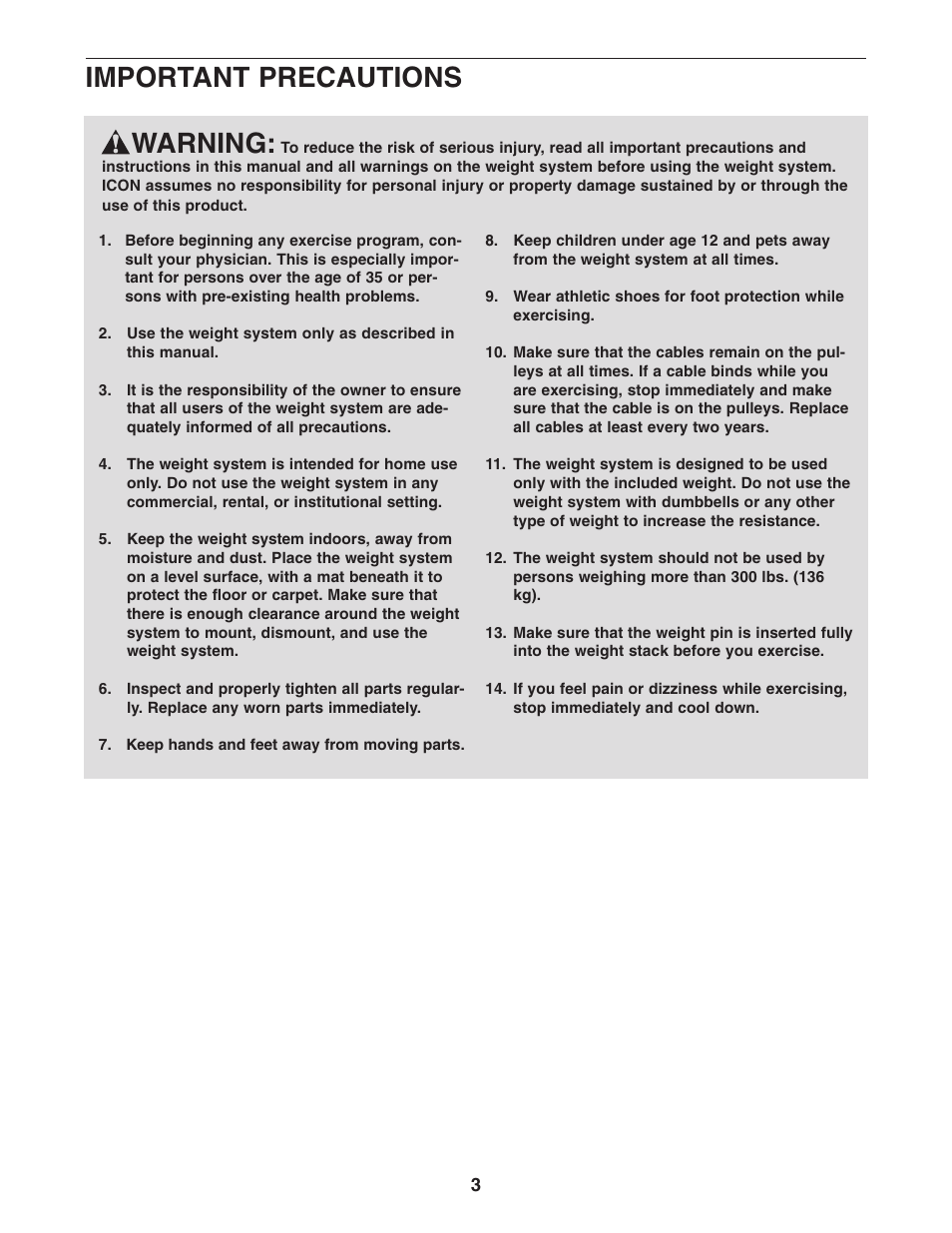 Warning, Important precautions | Gold's Gym Platinum GGSY3058.0 User Manual | Page 3 / 36