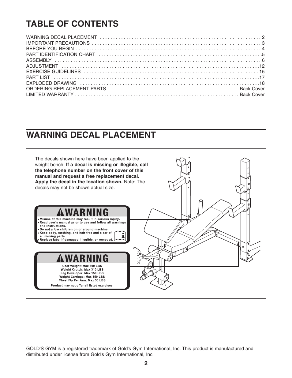 Gold's Gym Platinum GGBE25580 User Manual | Page 2 / 20