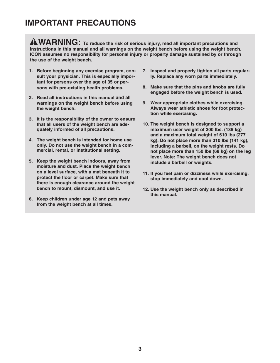 Warning, Important precautions | Gold's Gym Platinum GGBE25580 User Manual | Page 3 / 20